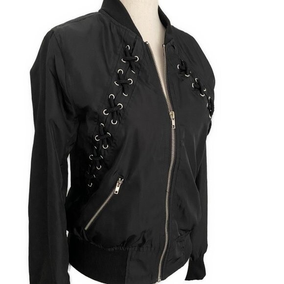 Rue 21 Motorcycle Bomber Biker Style Jacket Criss Cross Streetwear Trendy Size S - Picture 2 of 11